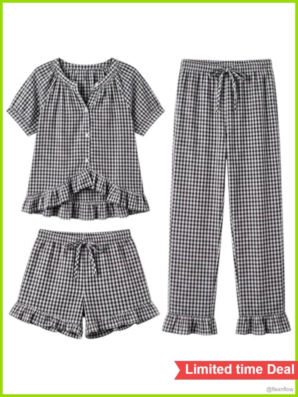 Gingham Pajama Set 3 Piece Ruffle Short Sleeve Top Pants Shorts Cotton Sleepwear